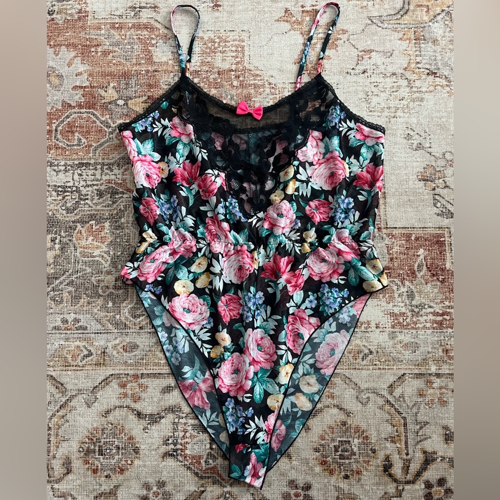 Vintage Floral print Lace Chemise lingerie bodysuit - Picture 2 of 5